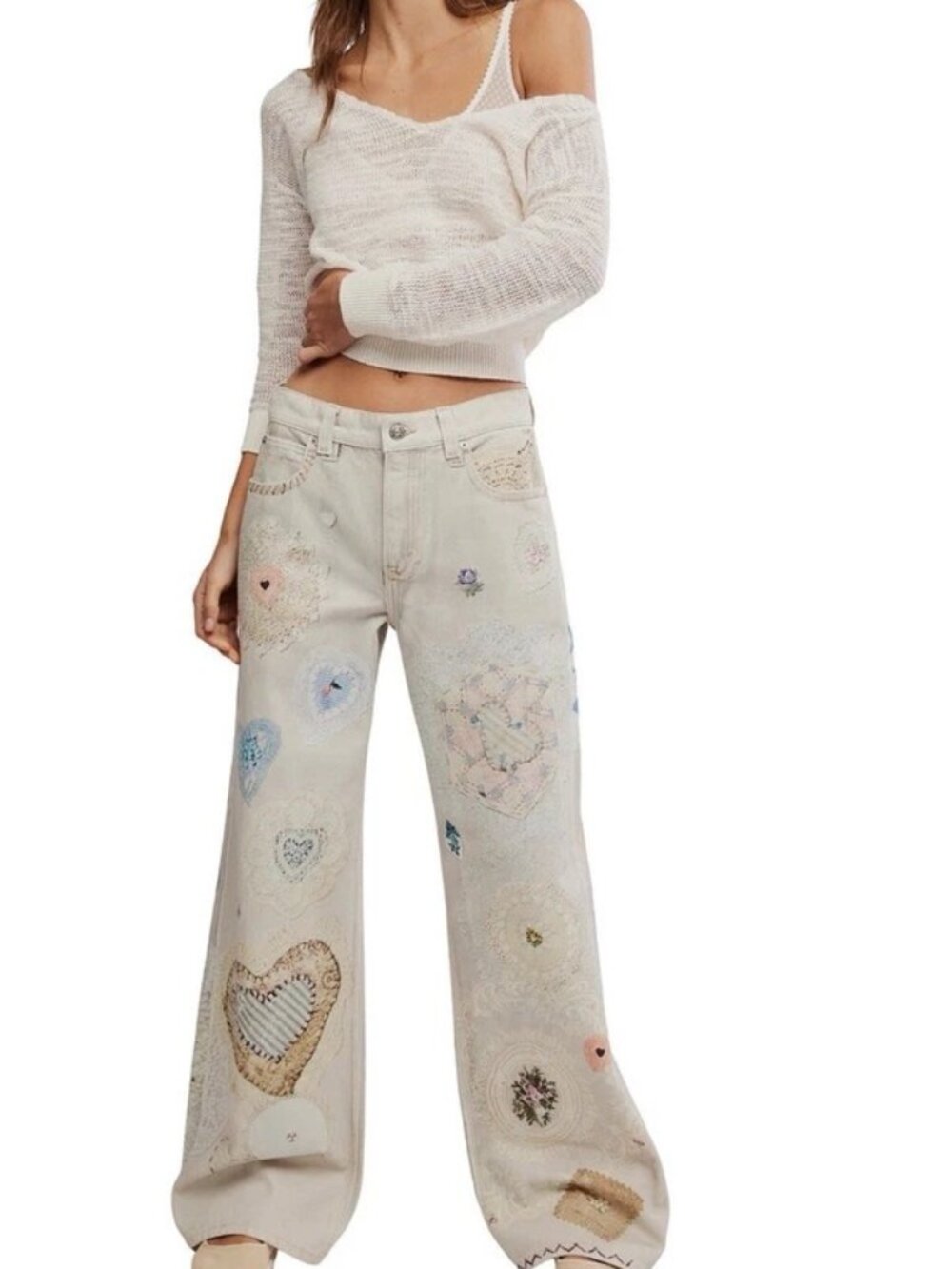 Free People We The Free Tinsley Printed Jeans Illusions Heirloom Ivory Size 32